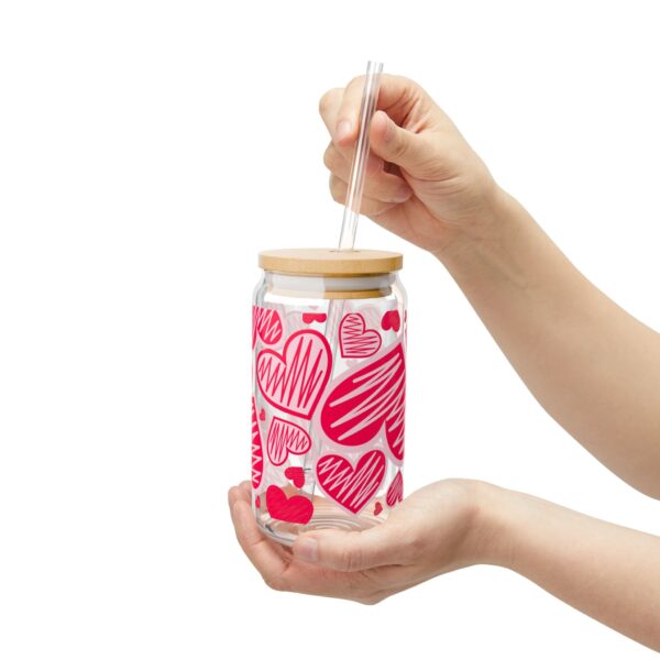 12674575903149340623_2048.jpeg Heartfelt Sipper Glass, 16oz, Cute Love Drinkware, Valentine's Day Gift, Romantic Kitchen Decor, Heart Patterned Water Glass
