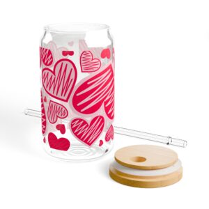 Heartfelt Sipper Glass, 16oz, Cute Love Drinkware, Valentine's Day Gift, Romantic Kitchen Decor, Heart Patterned Water Glass